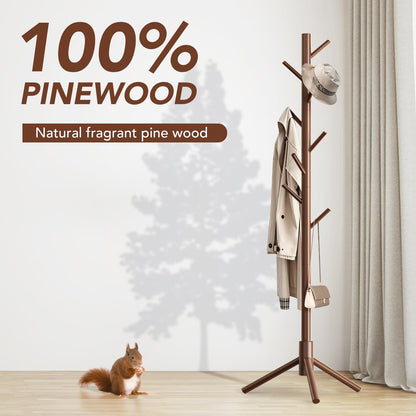 OUTGAVA Wooden Coat Rack Freestanding with 8 Hooks,Easy Assembly New Zealand Pine Tree Coat Racks, 3 Adjustable Sizes for Clothes, Hats, Bags, for Entryway, Hallway, Bedroom, Office (Brown, 1 PC)