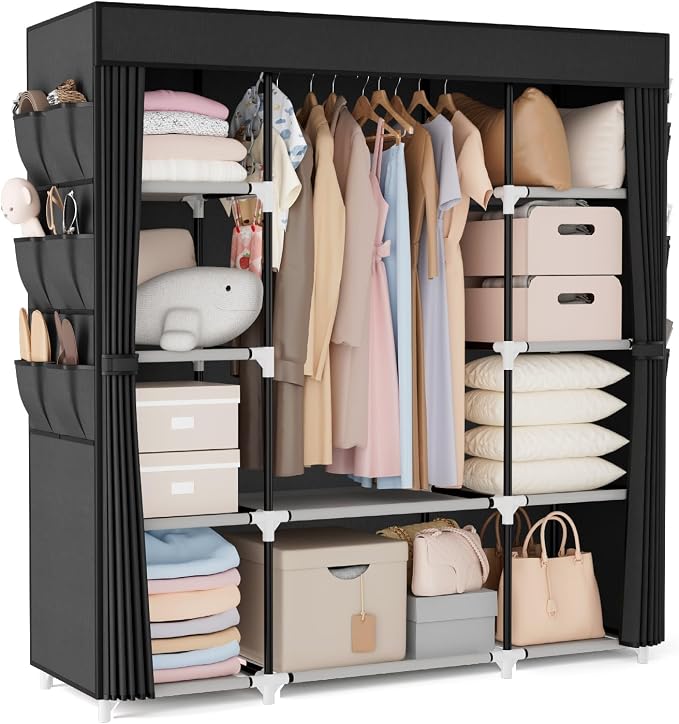 VTRIN Portable Closet Wardrobe for Hanging Clothes 57.3 Inch Large Capacity Clothes Rack with Cover, 10 Storage Organizer Shelves, 1 Hanging Rods and 6 Pockets, Free Standing Closet for Bedroom, Black