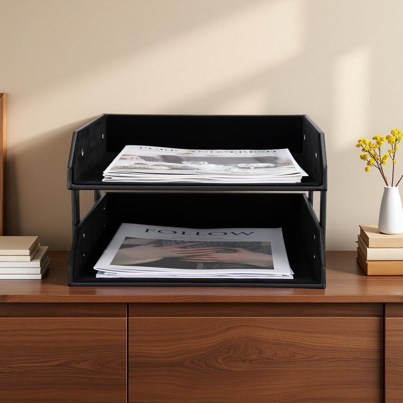 KINGFOM Letter Tray, Leather Paper Organizer Tray, Wooden Desk File Holder, Desktop File, Stackable Magazine Holder, Mail Sorter, Great for Home or Office - 2 Level Black