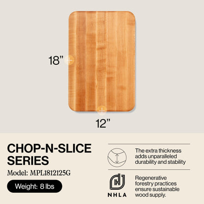 John Boos Chop-N-Slice Series Rectangular Wooden Maple Cutting Board 18”x12” – 1.25” Thick, 8-lb Reversible Butcher Block with Eased Corners, Edge-Grain & Finger Grips – Made in the USA
