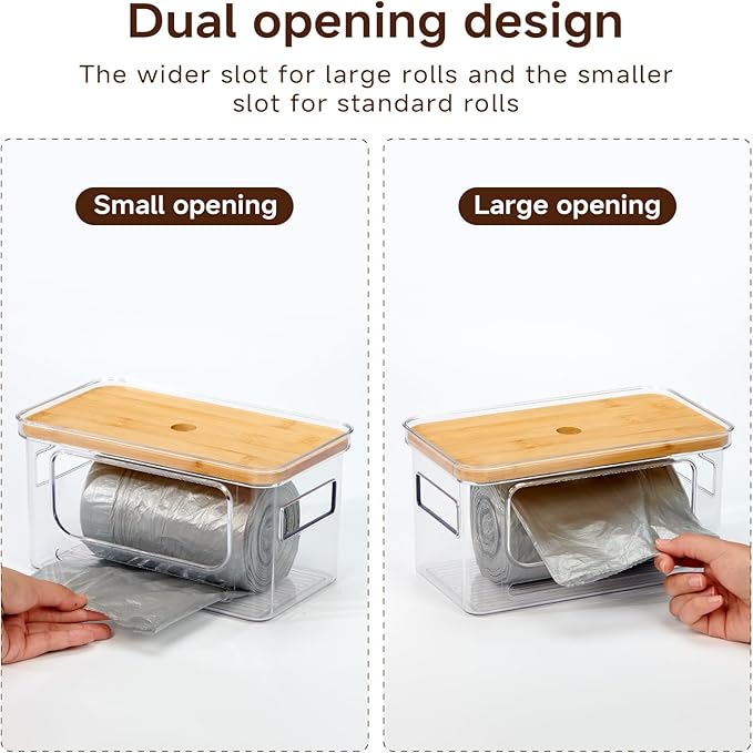 3-Pack Trash Bag Holder,Trash Bag Dispenser with Bamboo Lid, Stackable Acrylic Garbage Bag Dispenser for Under Sink Use in Kitchen, Laundry Room, and Pantry, Large Capacity Garbage Bag Holder