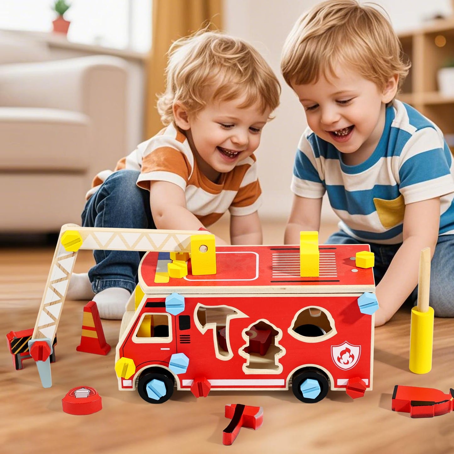LOVELAND Wooden Fire Truck Toy – Take-Apart STEM Vehicle with Firefighter Tools & Shape Sorting, Montessori Educational Gift for Toddlers Boys Girls Ages 3+