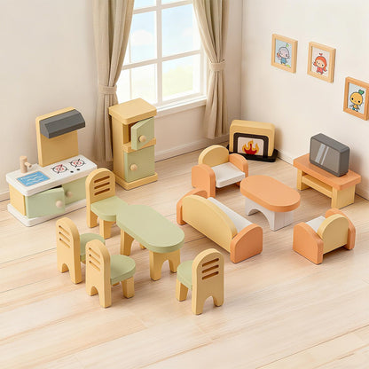 Peccvon 35PCS Wooden Dollhouse Furniture Set with Dolls for 5 Rooms Kits, Doll House Accessories Furniture Toys for Toddlers, Pretend Play Toys Christmas Birthday Gift for Girls and Boys, 3+