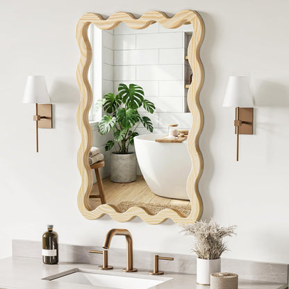 Pocetry 22"x30" Wood Wavy Wall Mirror for Powder Room, Solid Wood Squiggle Mirror for Vanity, Small Asymmetrical Irregular Mirror, Natural Wooden Boho Aesthetic Decor