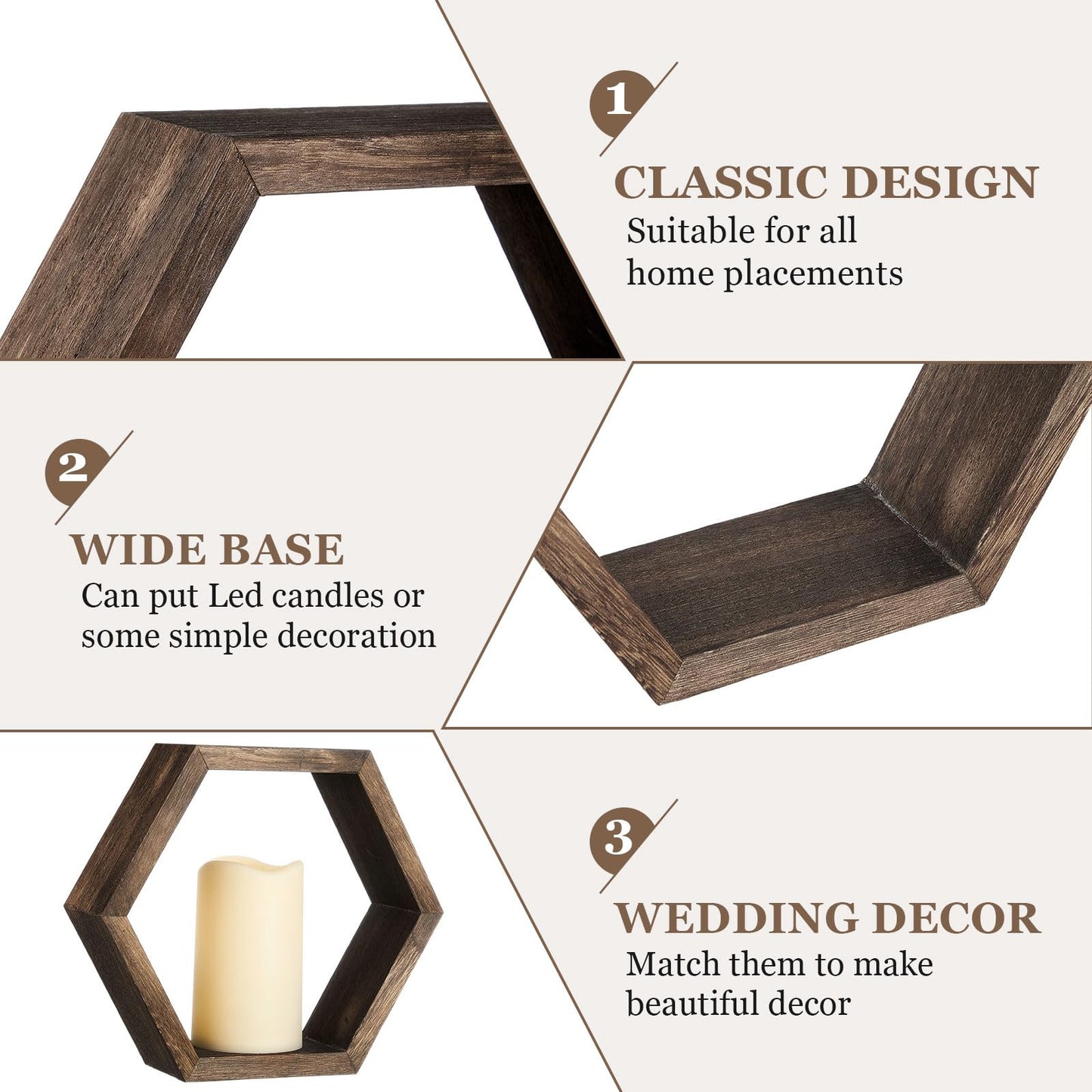 Colingmill 16 Pcs Wooden Candle Lantern Set Includes 8 Rustic Wedding Centerpieces for Table Decorative Candle Lanterns and 8 Flameless Decorative LED Candles for Wedding, Dark Brown, Hexagon