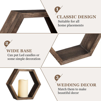 Colingmill 16 Pcs Wooden Candle Lantern Set Includes 8 Rustic Wedding Centerpieces for Table Decorative Candle Lanterns and 8 Flameless Decorative LED Candles for Wedding, Dark Brown, Hexagon