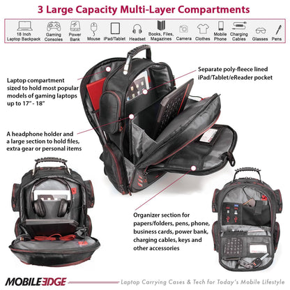 Mobile Edge CORE Gaming Laptop Backpack for 17-18 Inch Laptops with USB Charging Port and Cable, TSA-Friendly, MECGBPV1