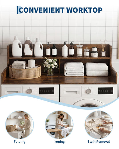 Garvee Laundry Shelf Over Washer and Dryer 54" x 27.5", Heavy Duty Wooden Countertop Topper with 12" Fences, Farmhouse Decor Organizer Table for Laundry Room - Walnut Finish