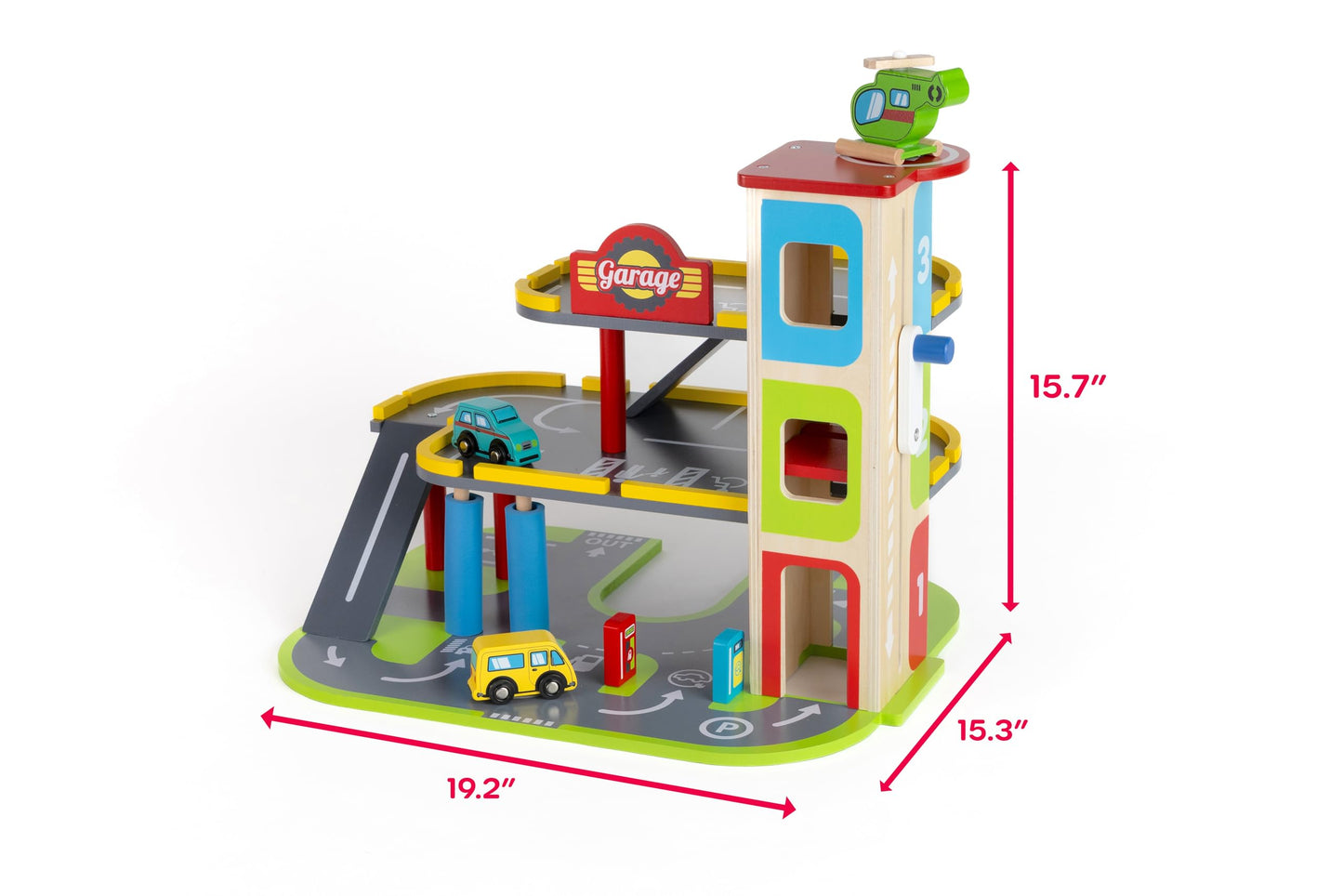 Jasey's Toy Chest Wooden Busy Wheels Garage Playset | 3-Level Wooden Garage with Elevator, Car Wash, Gas Station & Helipad + 2 Cars & 1 Helicopter | for Toddlers Ages 3+