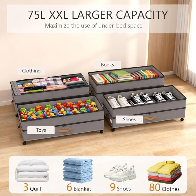 Under Bed Storage with Wheels 2-Pack, 75L XXL Under the Bed Storage Containers Large, 12" Tall Adjustable Storage for Underbed with Lids, Rolling for Clothes, Shoes, Blankets (4PCS-Grey)