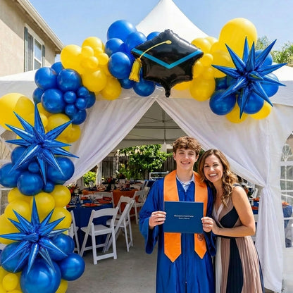 kozee royal blue and yellow balloon garland arch kit 150+pcs with graduation cap Blue star mylar balloons for Men birthday 2026 Graduation Ceremony Prom decorations