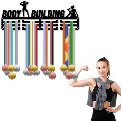 CREATCABIN Body Building Medal Holder Bodybuilding Medal Hanger Display Sports Ribbons Organizer Metal Black Rack Frame Shelf Wall Hanging Over 60+ Medals for Player Athlete Medalists 15.7 x 5.9 Inch