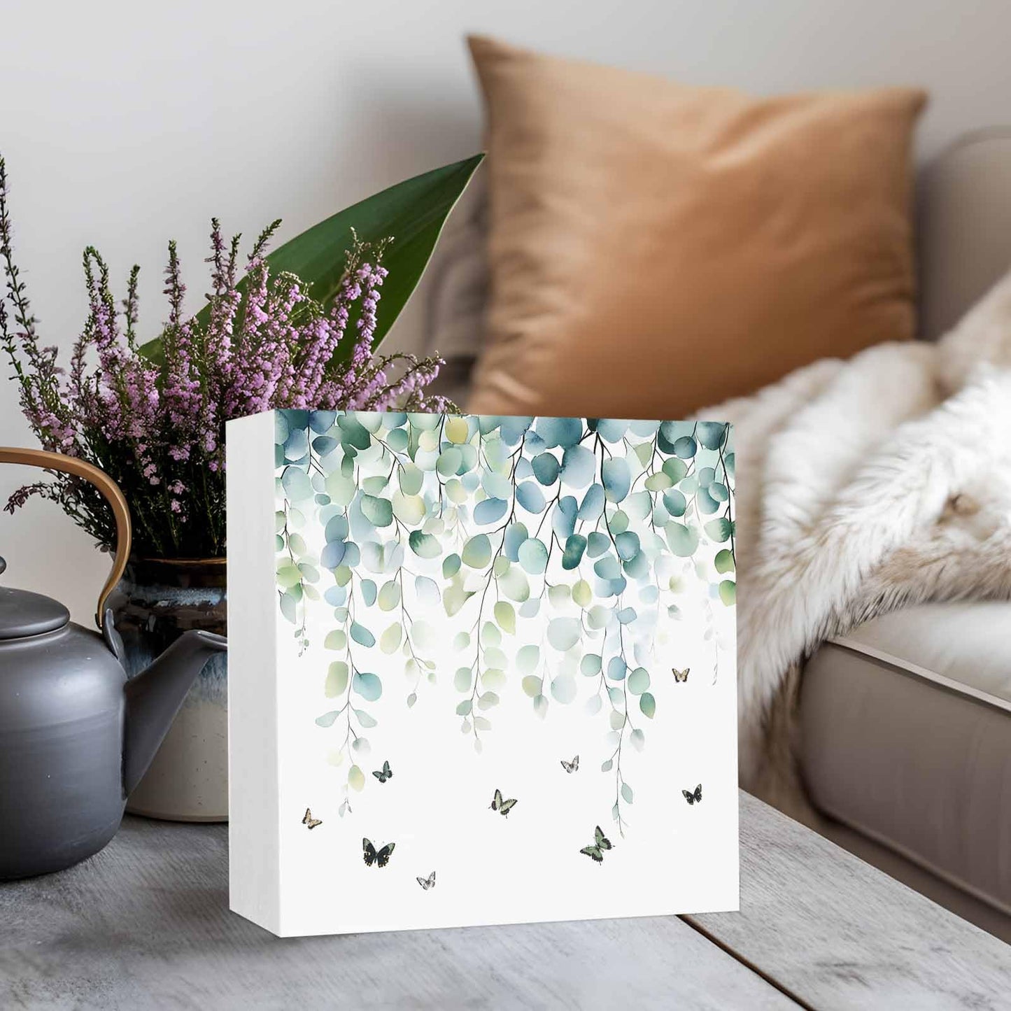 Wood Box Sign Desk Decor Sage Green Eucalyptus Leaves Butterfly Square Boxes Sign, Botanical Wooden Block Box Sign Decoration for Home Wall Tabletop Shelf Office Decor,6x6IN