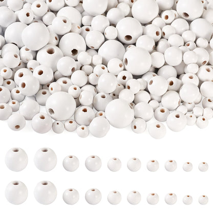 Pandahall 555 Pcs White Wooden Beads - 5 Sizes, Natural Wood Round Bead, Painted Wood, Large Hole, Wooden Spacer, Smooth for Farmhouse Garland, Craft Decor, Jewelry Making