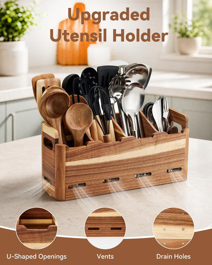 YEZHEXI Acacia Wood Utensil Holder for Kitchen Counter, 4-Compartment Large Kitchen Utensil Organizer, Wood Utensils Organizer for Cooking Tools and Silverware, Farmhouse Kitchen Decor