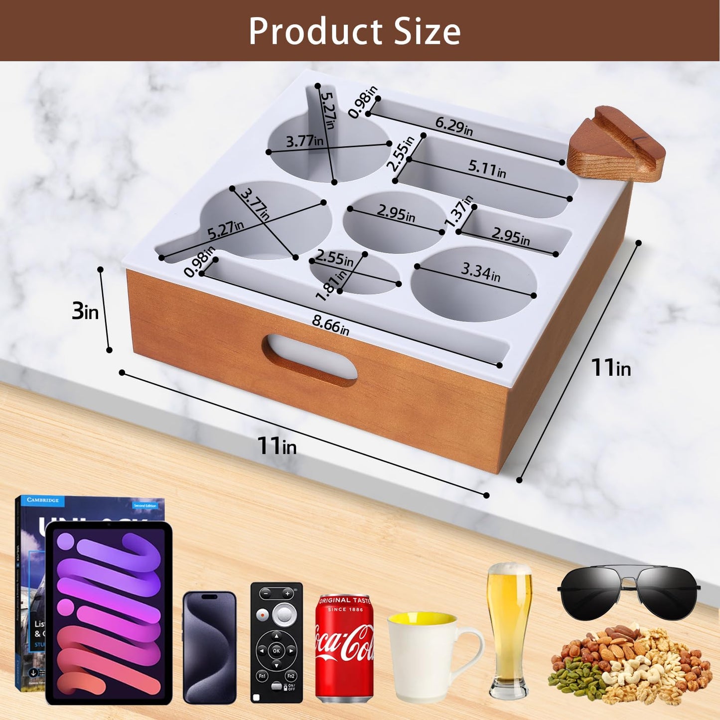 Hanaoyo Couch Cup Holder Tray, Soft Silicone Wooden Couch Caddy with Carrying Handle, Sofa Cup Holder for Bed Car Beach Organizer, Anti-Spill Sofa Cup Holder for Snacks Beverage Remote (Brown)