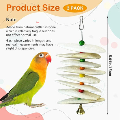 3 Pack Bird Toys with Cuttlebone,Parrot Toy Bird Beak Grinding Stone Parakeet Cage Accessories for Small & Medium Budgies Lovebirds Cockatiels (Flake,8 Per Skewer)