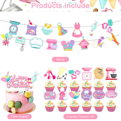 NlSIFU 59 Pcs Baking Birthday Party Supplies, Baking Themed Decorations with Backdrop, Banners, Balloons, Cake & Cupcake Toppers in Pink
