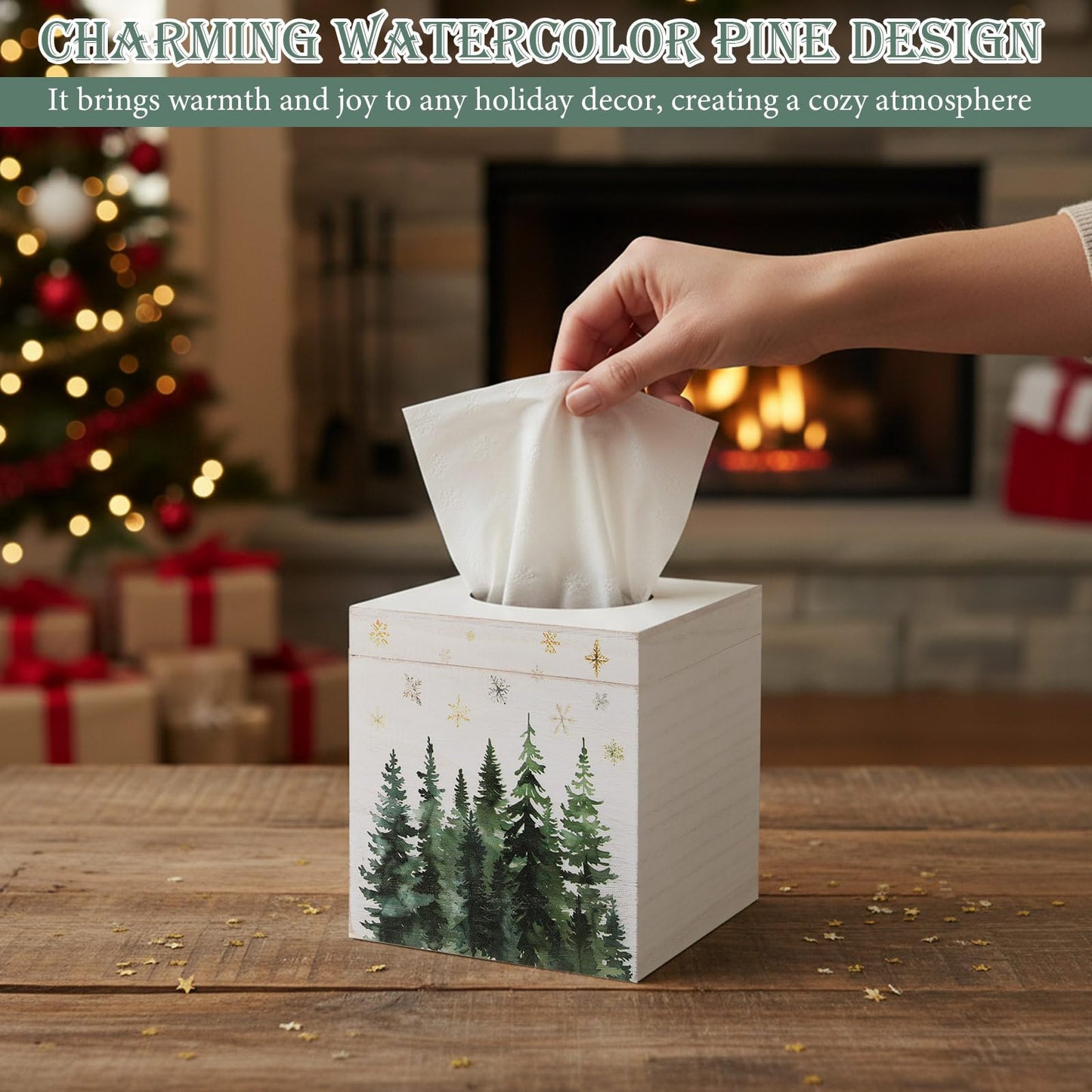 Yalikop 2 Pcs Christmas Tissue Boxes Cover 6 Inch Christmas Winter Holiday Xmas Pine Trees Square Tissue Case Cover Holder T for Square Wooden Decorative for Home Living Room Bathroom Office Decor