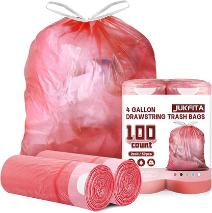 4 Gallon Trash Bags Drawstring 100 Count, JUKFITA Extra Strong Small Garbage
