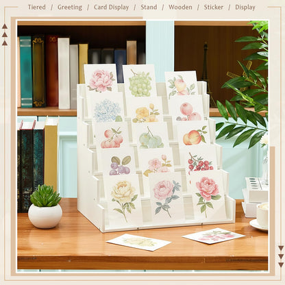 Yuntau 5 Tier Greeting Card Display Stand White Bamboo and Acrylic Sticker Display Stand Trading Card Holder Retail Photos Shelf for Vendors Craft Collection & Show