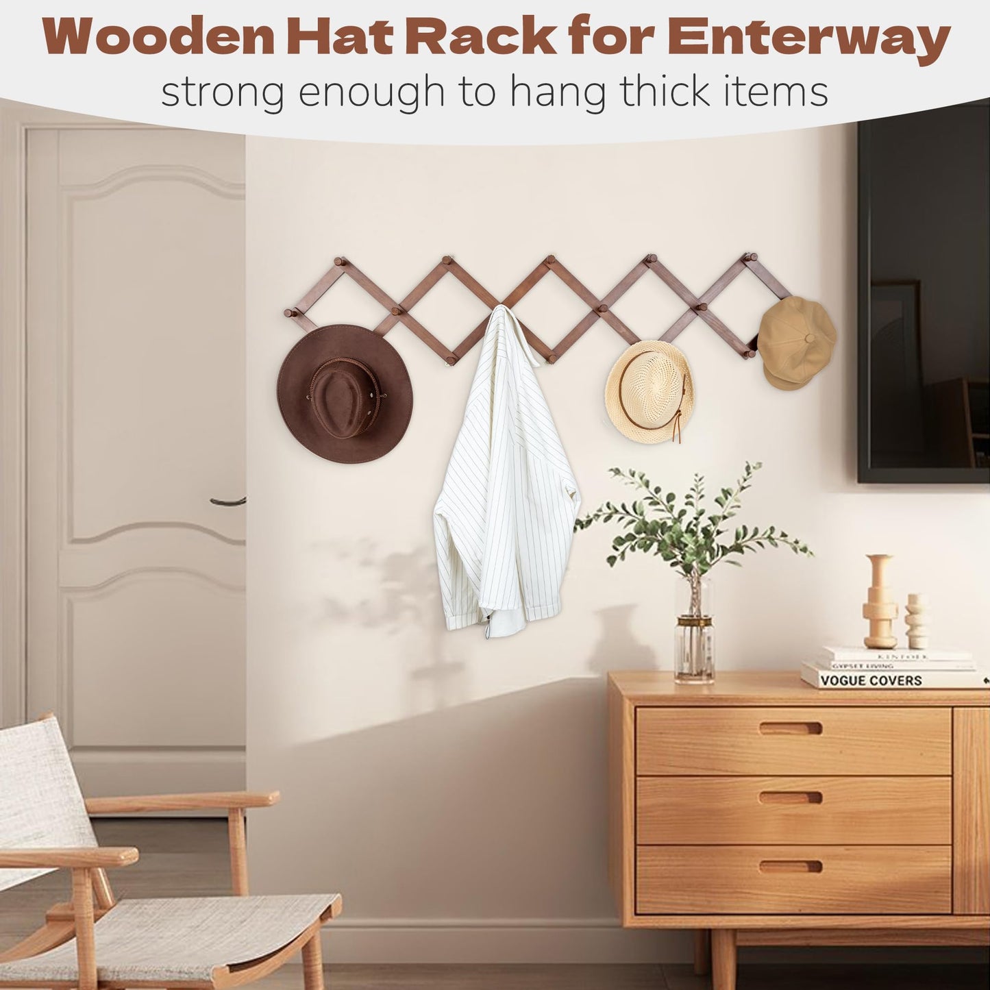 Cozcty Accordion Wall Hanger, Wooden Hat Rack for Wall with 16 Hooks, Expandable Peg Hat Hanger Organizer, Decorative Coat Rack Hanging Baseball Caps, Bags, Scarves (Walnut)