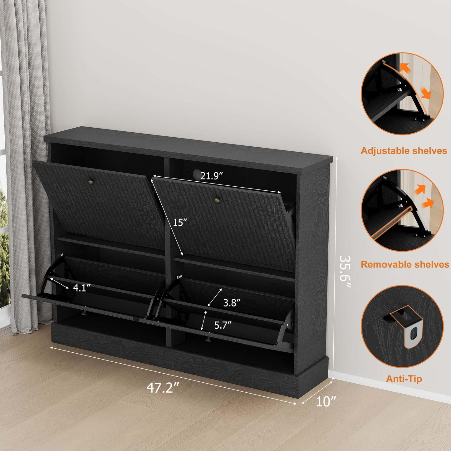 IDEALHOUSE Fluted Shoe Cabinet Storage with 4 Flip Drawers, Wooden Fluted Narrow Shoe Organizer with Adjustable and Removable Shelves, Freestanding Slim Shoe Storage for Entryway Hallway, Black