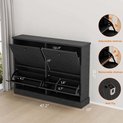 IDEALHOUSE Fluted Shoe Cabinet Storage with 4 Flip Drawers, Wooden Fluted Narrow Shoe Organizer with Adjustable and Removable Shelves, Freestanding Slim Shoe Storage for Entryway Hallway, Black