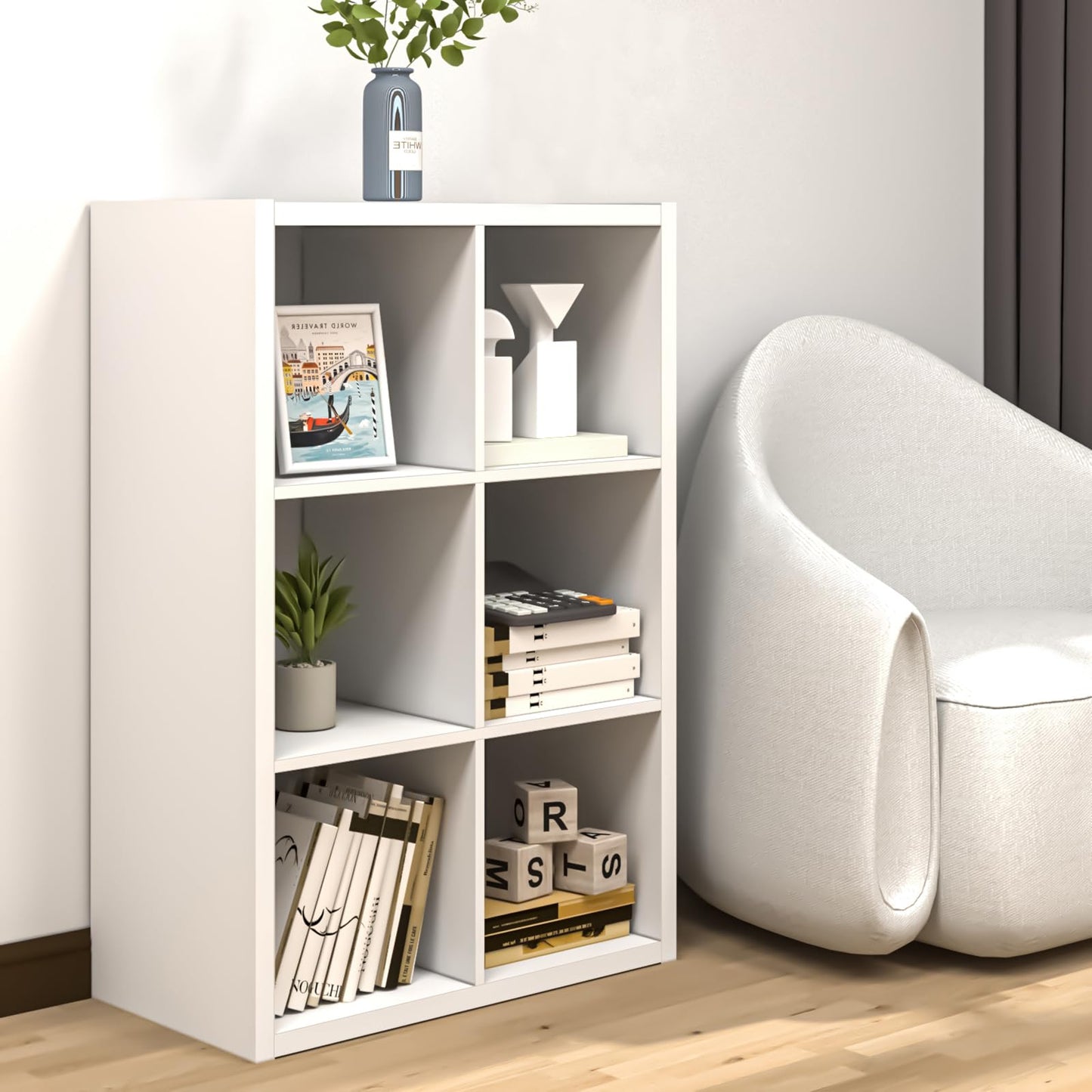 Endearing Limons【2026 Wooden Thick Border 6 Cube Shelf Storage Organizer with Anti-Tipping Kits + Reversible Open Back Bookcase (11 * 11 Unit Cell White)