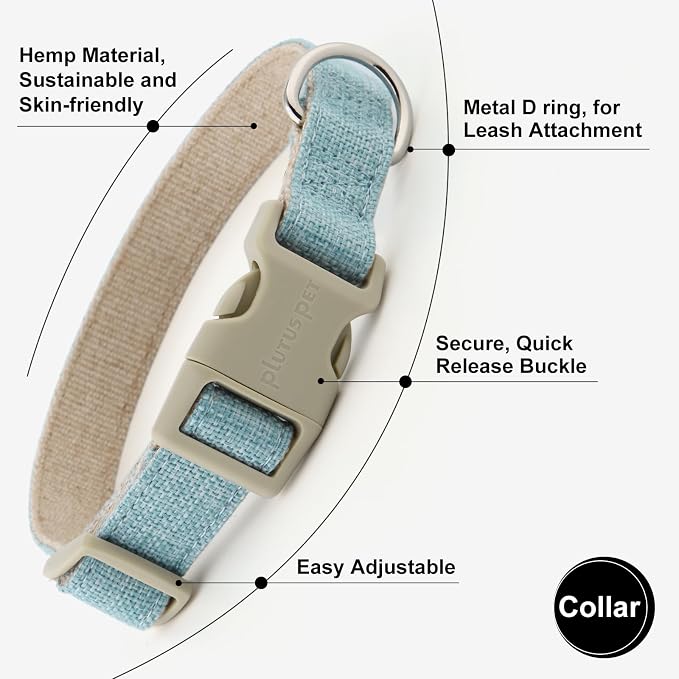 Plutus Pet Cotton Hemp Dog Collar and Leash Set, Adjustable Collar for Small, Medium, and Large Dogs, Heavy Duty and Soft on Skin, Light Blue, M