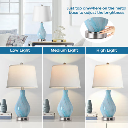 Modern Accent Table Lamp Set of 2 Touch Control, 22" Faded Swirl Blue Gray Art Glass Bedside Lamp with USB Ports, 3-Way Dimmable Hand Crafted Nightstand Lamps White Drum Shade for Living Room Bedroom