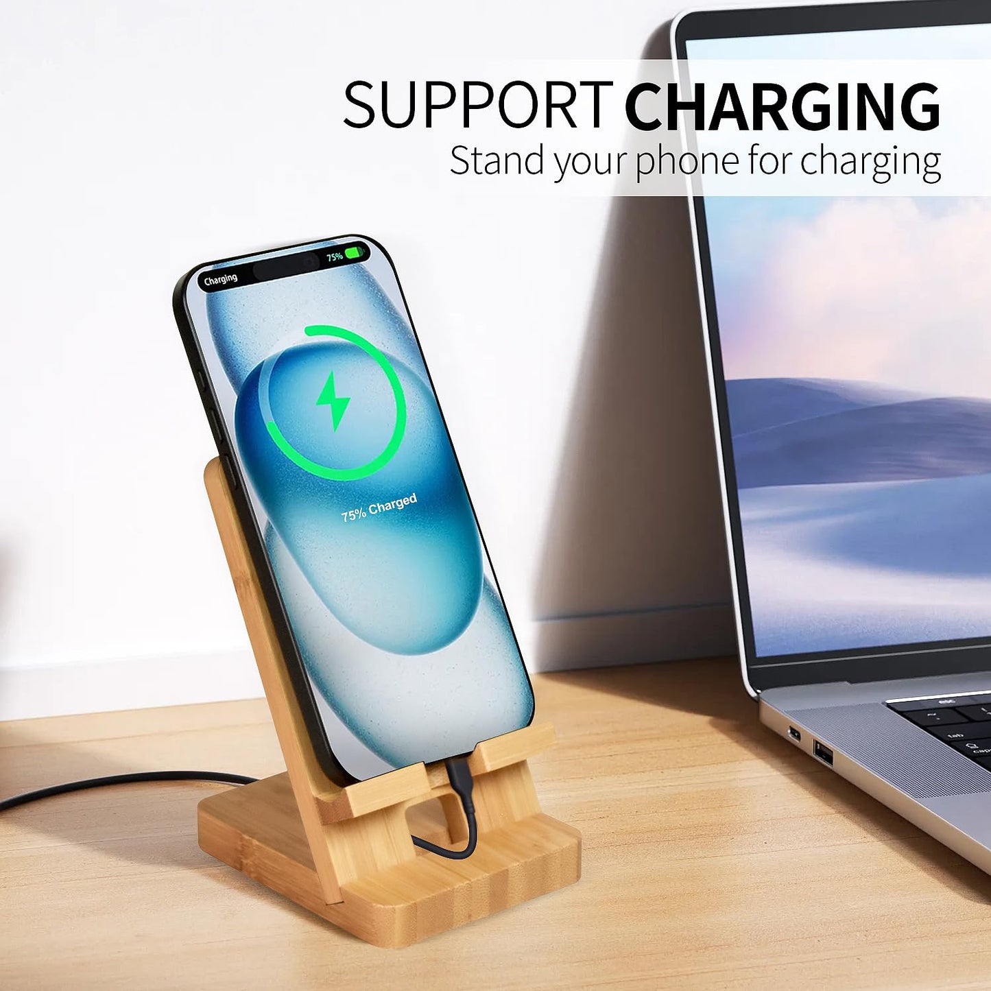 LUCKY BEAN Wood Phone Stand, Desktop Wooden Phone Holder, Portable Office Phone Stand for Desk, Wood ipad Stand， Compatible with iPhone & All Cell Phones (Bamboo)