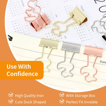 Mini Binder Clips, 20PCS Gold Binder Paper Clips Small Decorative Binder Clips Duck Shaped Binderclips with Storage Box for Planner, Office Desk Supplies