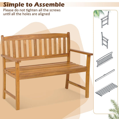 Tangkula Outdoor Acacia Wood Bench, 2-Person Garden Bench with Backrest and Armrests, Garden Bench with Slatted Seat for Porch, Park, Backyard, 800 Lbs Max Load, 43” L x 22” W x 34” H, Natural