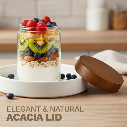 Bumobum 16oz+8oz Overnight Oats Containers with Lids, Glass Mason Jars with Acacia Wood Airtight Lid, Wide Mouth Glass Canisters for Food Storage Chia Pudding Snacks Yogurt Spice Meal Prep, 8-Pack