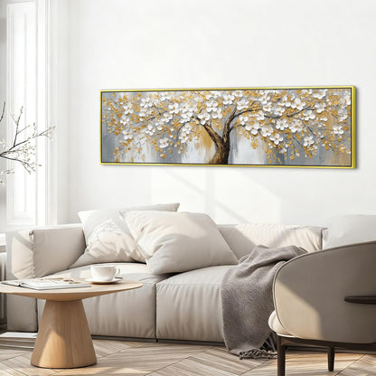 Abstract Tree Canvas Wall Art Gold Framed Modern Office Decorations,Yellow Gray Wall Decor Nature Blossom Flowers Trees Scenery Painting Poster Modern Artwork for Bedroom Home Decorations 14x48”