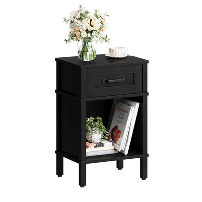 YAUKTAK Farmhouse Nightstand with Drawer, Small Wood Side Table, Wooden Bedroom Nightstand, Wood Night Stand, Black Bedside Table with Storage, Black End Table for Living Room LET512B