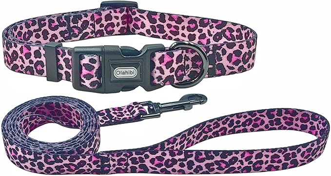 Dog Collar Leash Set, Leopard Pattern, Polyester Material, Adjustable Collar and 5ft Matching Leash, for Large Dogs.(L, Colorful Leopard)