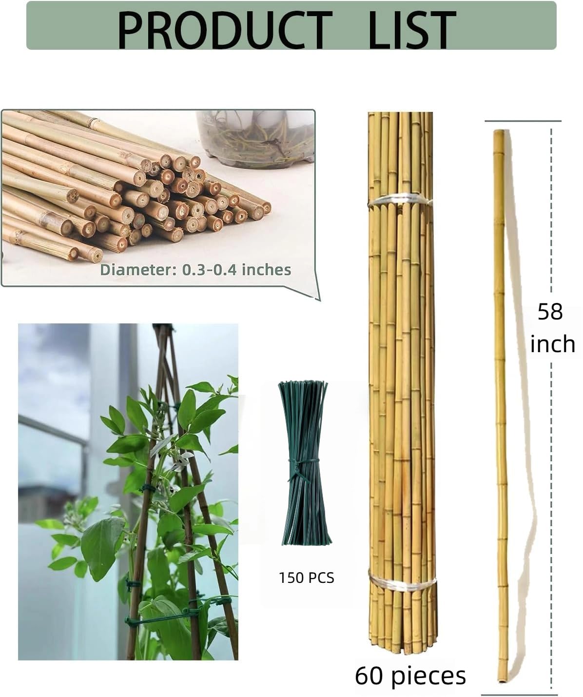 Moromyse 60 Pack Bamboo Stakes for Plant 5 Feet (58inch) with Twist Ties Bamboo Sticks Plant Support Garden Stakes Poles for Tomatoes Cucumber Grapes Pole Beans Trees Potted Dahlia Flowers
