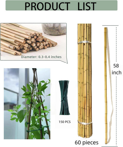 Moromyse 60 Pack Bamboo Stakes for Plant 5 Feet (58inch) with Twist Ties Bamboo Sticks Plant Support Garden Stakes Poles for Tomatoes Cucumber Grapes Pole Beans Trees Potted Dahlia Flowers
