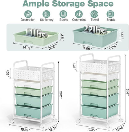 5 Drawer Rolling Storage Cart with Pegboard Top and Hooks, Mobile Organizer Cart with Wheels for Office Supplies, Craft Storage, Classroom Organization, Home Utility Cart, Gradient Green
