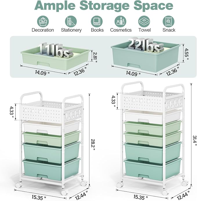 4 Drawer Rolling Storage Cart with Pegboard Top and Hooks, Mobile Organizer Cart with Wheels for Office Supplies, Craft Storage, Classroom Organization, Home Utility Cart, Gradient Green
