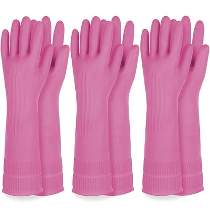 DABOGOSA Mamison 2 Pairs Reusable Waterproof Household Dishwashing Cleaning Rubber Gloves, Non-Slip Kitchen Glove (Pink, Large (Pack of 3))