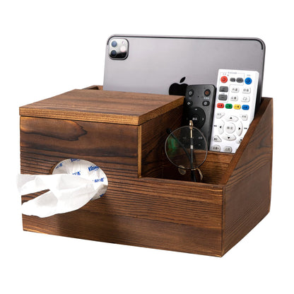 ExoLiry Deluxe Dark Rustic Brown Wooden Remote Control Caddy with Tissue Box Cover – Multi-Compartment Organizer for TV Remotes, Phones, Tablets and Living Room Essentials