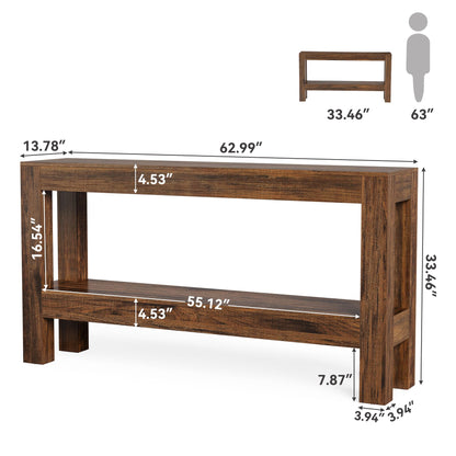 LITTLE TREE 63-Inch Wood Entryway Table, Long Farmhouse Narrow Console Table for Living Room, Hallway, Sofa, Entry, Entrance, Foyer, Behind Couch with 2-Tier Shelves, Brown