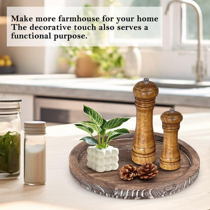 Round Decorative Wooden Serving Trays for Ottoman Coffee Table Tray Farmhouse Kitchen Home Decor Accents Circle Circular Wood Decorations Trays Rustic Dining Table Centerpiece Candle Holder Tray