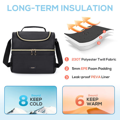 TOURIT Insulated Lunch Bag with Dual Compartment, Leakproof Cooler Tote for Work Office Picnic, Thermal Food Container Black