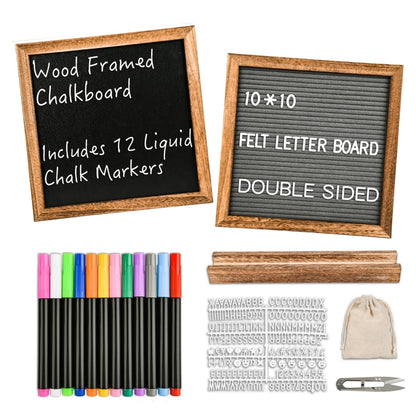 10" x 10" Double Sided Chalkboard Sign with Stand, Small Chalk Board Blackboard Wood Frame Felt Letter Board with 12 Chalk Markers and 340 Letters (Brown)