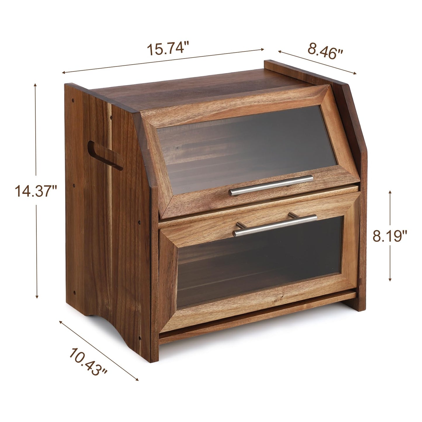 Bread Box, 2 Layer Bread Bin with Clear Acrylic Door Panel and Air Vents, Wooden Countertop Bread Storage Container, Farmhouse Bread Holder for Bread, Bagels and Rolls, Brown