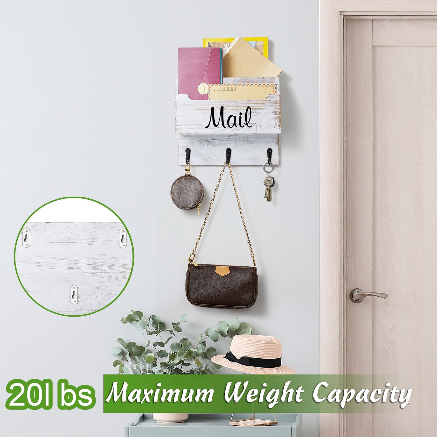 DRASTAR Mail Organizer Wall Mounted, Wooden Mail & Key Holder for Wall, Hanging Mail Organizer, Retro White Mail Basket for Home Office